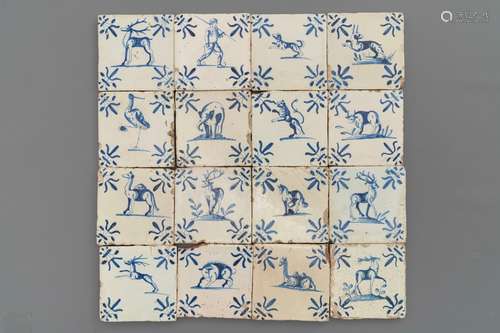 Sixteen Dutch Delft blue and white 'animal' tiles, 17th C.