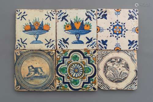 Six polychrome and blue and white Dutch Delft tiles, 16/17th C.