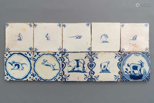 Ten Dutch Delft blue and white 'animal' tiles, 17/18th C.