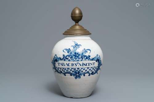 A large Delft-style blue and white tobacco jar 'Tabac St. Vincent', Lille, France, 18th C.