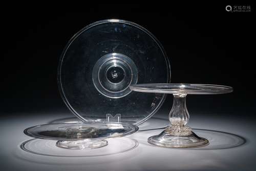 Two glass tazza's on low foot and one taller model, England, 17/19th C.