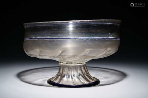 A large Venetian footed glass bowl with applied blue bands, Italy, 15/16th C.