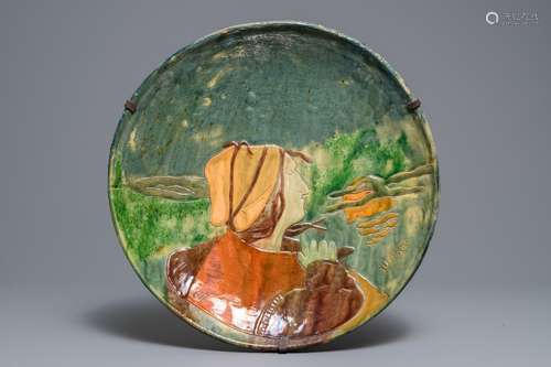 A large Flemish pottery Art Nouveau 'Sunset' dish, dated 1899, Leo Maes Vereenoghe, Torhout