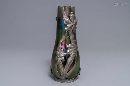 A Loetz Art Nouveau iridescent glass vase with Van Hauten pewter mount, 1st half 20th C.