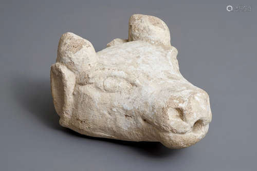 A carved stone fountain head in the shape of a buffalo, 17/18th C.