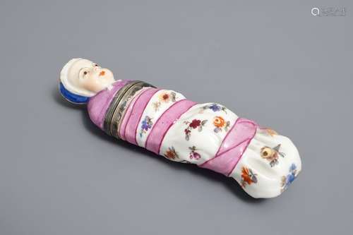 A French porcelain silver-mounted needle case, 18/19th C.