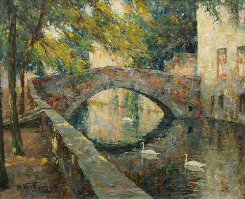 Verbrugghe, Charles (1877-1974): A view on the Meebrug in Bruges, oil on panel