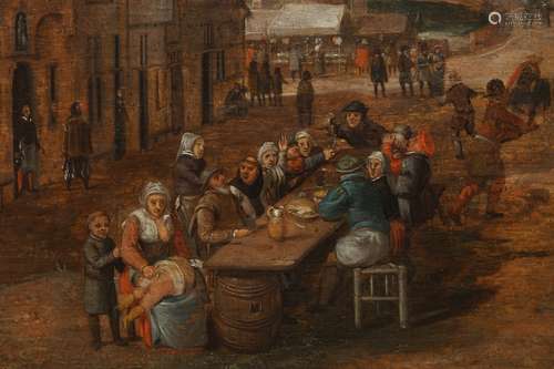 Flemish school: Village festival with festive table, oil on panel, 17th C.