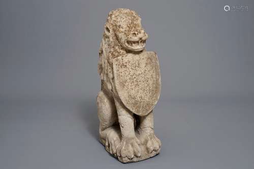 A large stone model of a lion with shield, probably Flemish, 17th C.