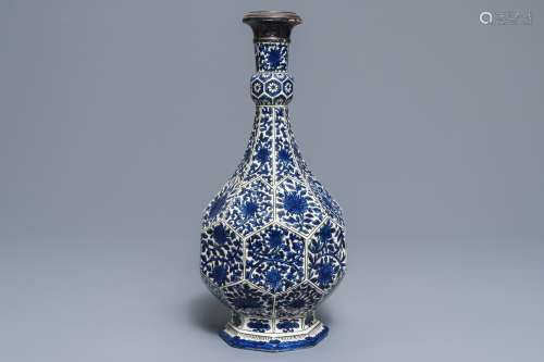 A Safavid style silver-mounted blue and white vase, Samson, Paris, 19th C.