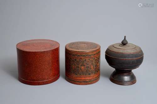 Two round lacquered betel boxes and an alms bowl and cover, Burma, 19/20th C.