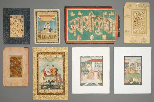 Eight Islamic and Persian miniatures and calligraphy panels, Iran and India, 19/20th C.