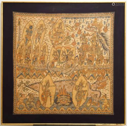 Indonesian school: Scene from the Ramayana, ink and colour on barkcloth, 19/20th C.