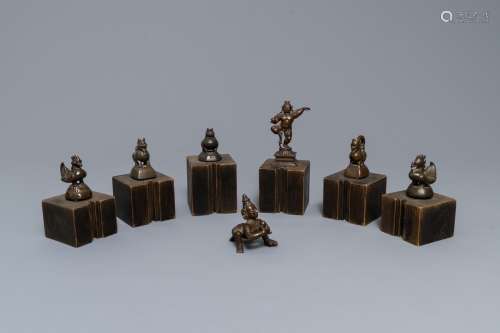 Five bronze 'animal' weights and two figures, Burma and India, 19th C.