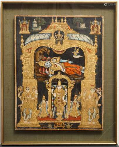 Thanjavur school, South India: Vishnu resting on Ananta-Shesha, pigment and gold leaf on cloth, 19/20th C.