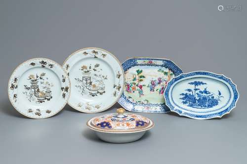 Four Chinese blue and white, famille rose and grisaille dishes and an armorial American market tureen, Qianlong/Jiaqing