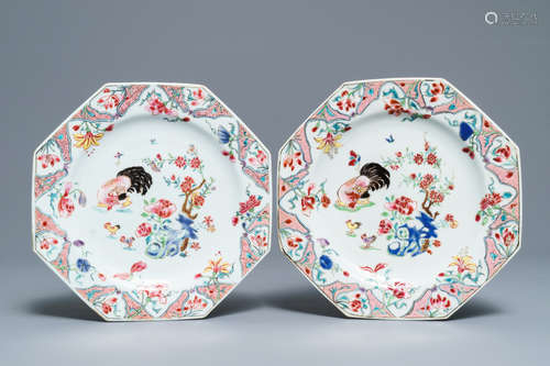 A pair of Chinese famille rose octagonal 'rooster' plates, Qianlong