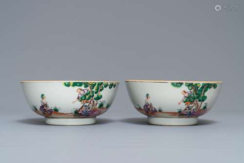 A pair of Chinese famille rose 'cherrypickers' bowls, Qianlong