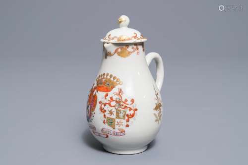A Chinese famille rose Dutch market armorial milk jug, arms of De Riet and Bouillon accollé, Qianlong