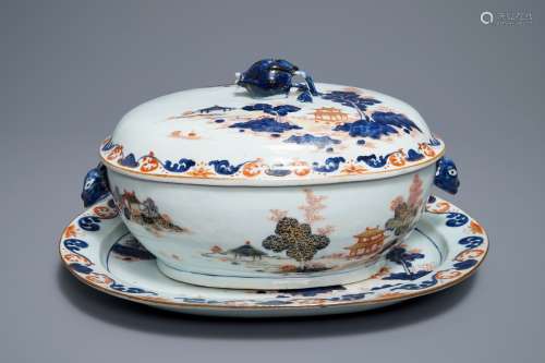 A large Chinese Imari-style tureen and cover on stand, Qianlong