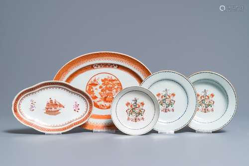 Three Chinese famille rose Scottish market armorial plates and two oval dishes for the American market, Qianlong and 19th C.