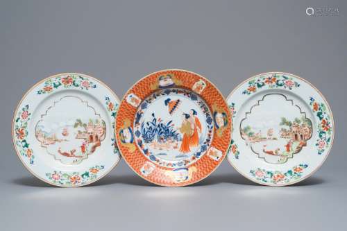 A pair of Chinese famille rose bianco sopra bianco plates and an Imari-style Pronk 'Dames au Parasol' plate, Qianlong