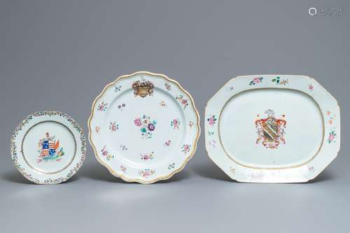 Three Chinese famille rose English market armorial plates and dishes, Qianlong