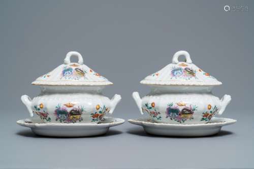 A pair of Chinese famille rose Dutch market armorial tureens on stands, arms of Nauta Beuckens and Swalue accollé, Qianlong