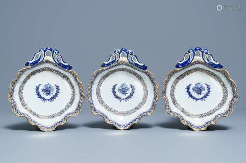 Three Chinese neo-classical gilt, blue and white tripod fruit dishes, Qianlong