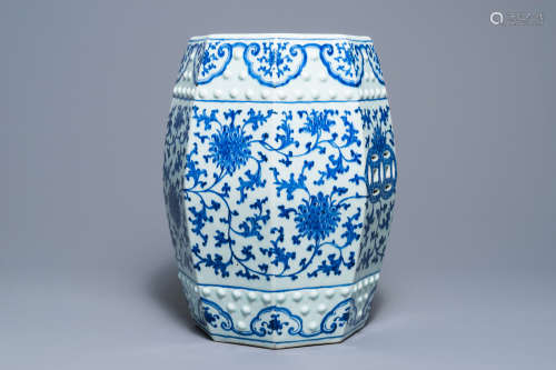 An octagonal Chinese blue and white 'lotus scroll' garden seat, Qianlong