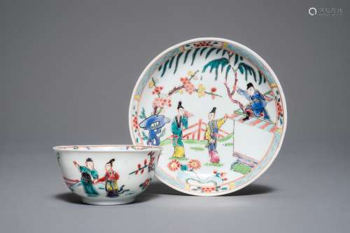 A Chinese famille rose 'Romance of the Western chamber' cup and saucer, Yongzheng/Qianlong