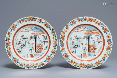 Two Chinese famille rose plates with figures on a terrace, Yongzheng