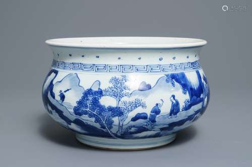 A Chinese blue and white censer with figures in a landscape, Kangxi