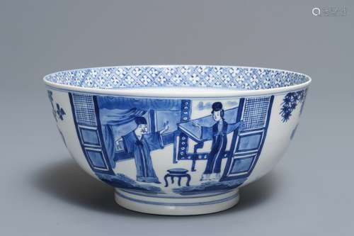 A Chinese blue and white bowl with floral and narrative panels, Kangxi mark and of the period