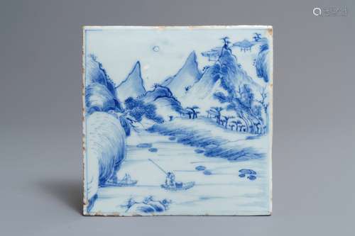 A Chinese blue and white mountainous landscape tile, Kangxi