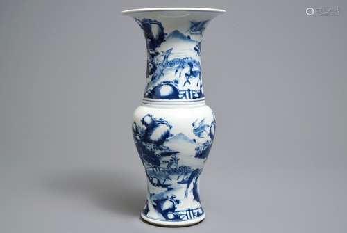 A Chinese blue and white 'deer and crane' yenyen vase, Kangxi