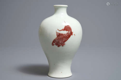 A Chinese underglaze red meiping 'carps' vase, Kangxi mark and of the period