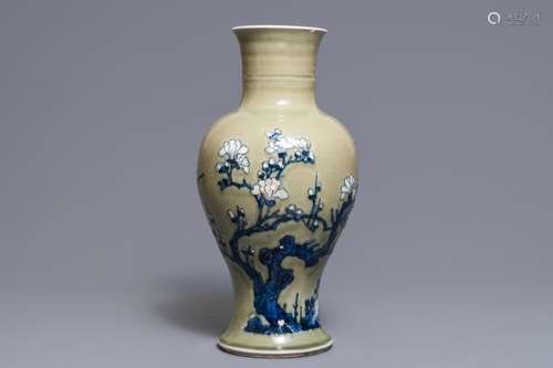 A Chinese blue, white and red on celadon ground vase, Kangxi