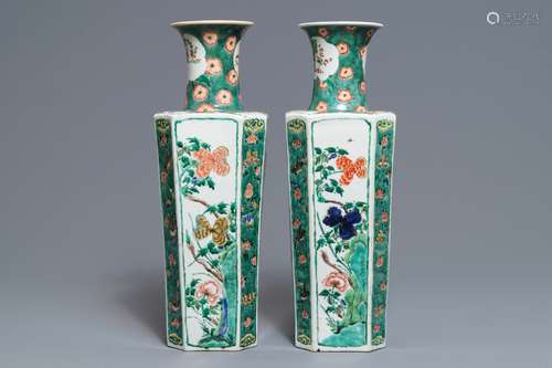 A pair of Chinese octagonal famille verte vases with birds and flowers, Kangxi