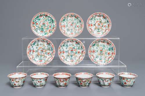 Six lobed Chinese famille verte cups and saucers with roosters among flowers, Kangxi