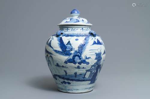 A large Chinese blue and white landscape vase and cover, Wanli