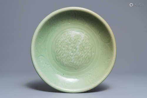 A Chinese Longquan celadon charger with incised design, Ming