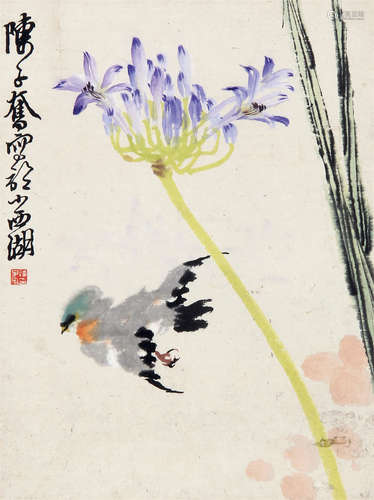 陈子奋 （1898-1976） 紫荆飞雀 设色纸本立轴