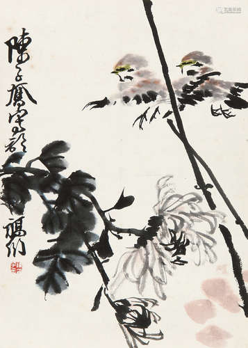 陈子奋 （1898-1976） 菊花双雀 设色纸本立轴