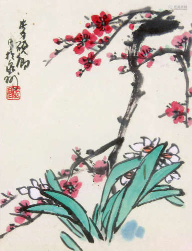 李硕卿 （1908-1993） 梅花水仙 设色纸本镜框