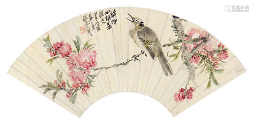 王礼 （1813-1879） 花鸟1866年作 设色泥金纸本扇片