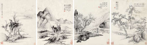 颜元 （1635-1704） 仿古山水四开 水墨纸本未裱