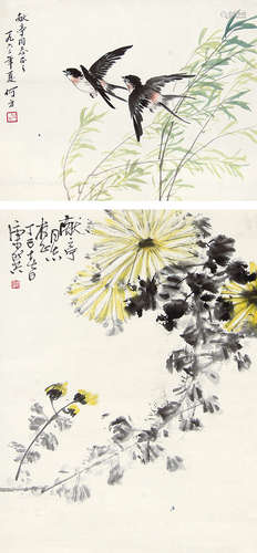 康师尧·何方华  花鸟二帧 设色纸本立轴