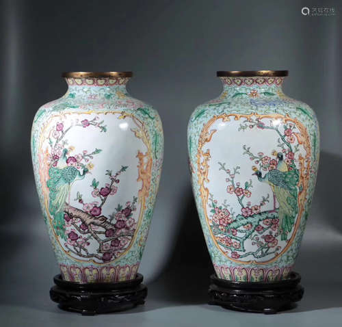 PAIR CLOISONNE FLORAL PATTERN BOTTLE VASES