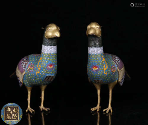 PAIR CLOISONNE BIRD SHAPED ORNAMENTS